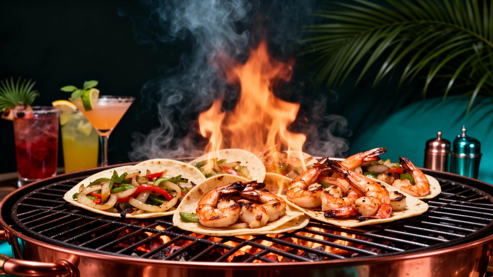 Sizzling fajitas, grilled shrimp and tropical cocktails on a fire grill